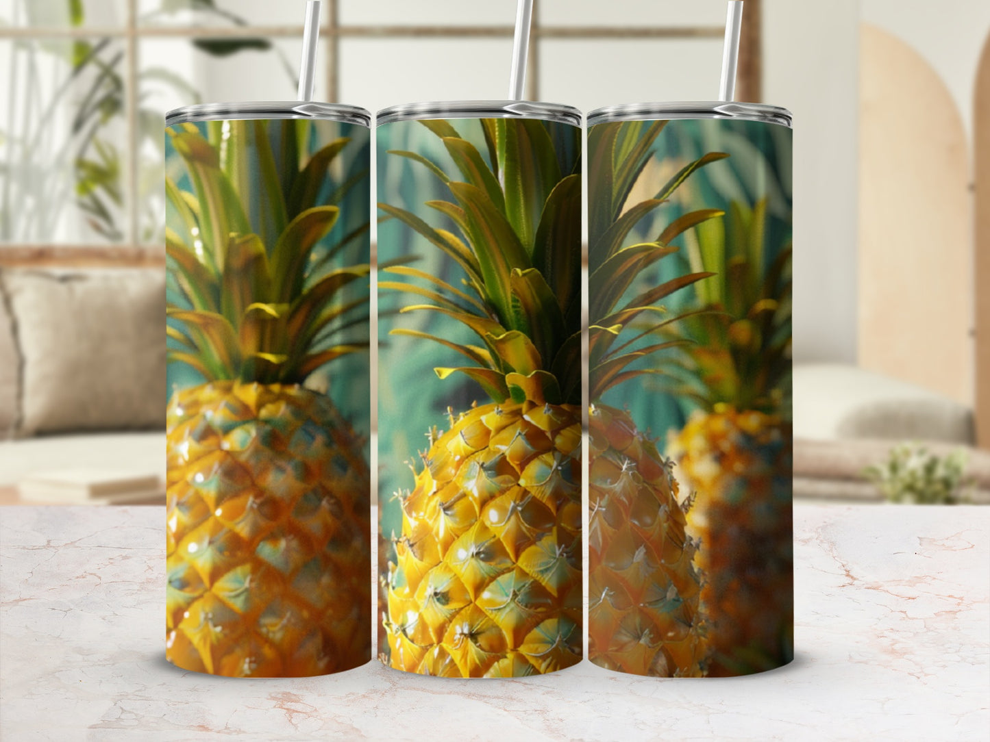 Three tumblers with a close-up pineapple design against a blurred background.