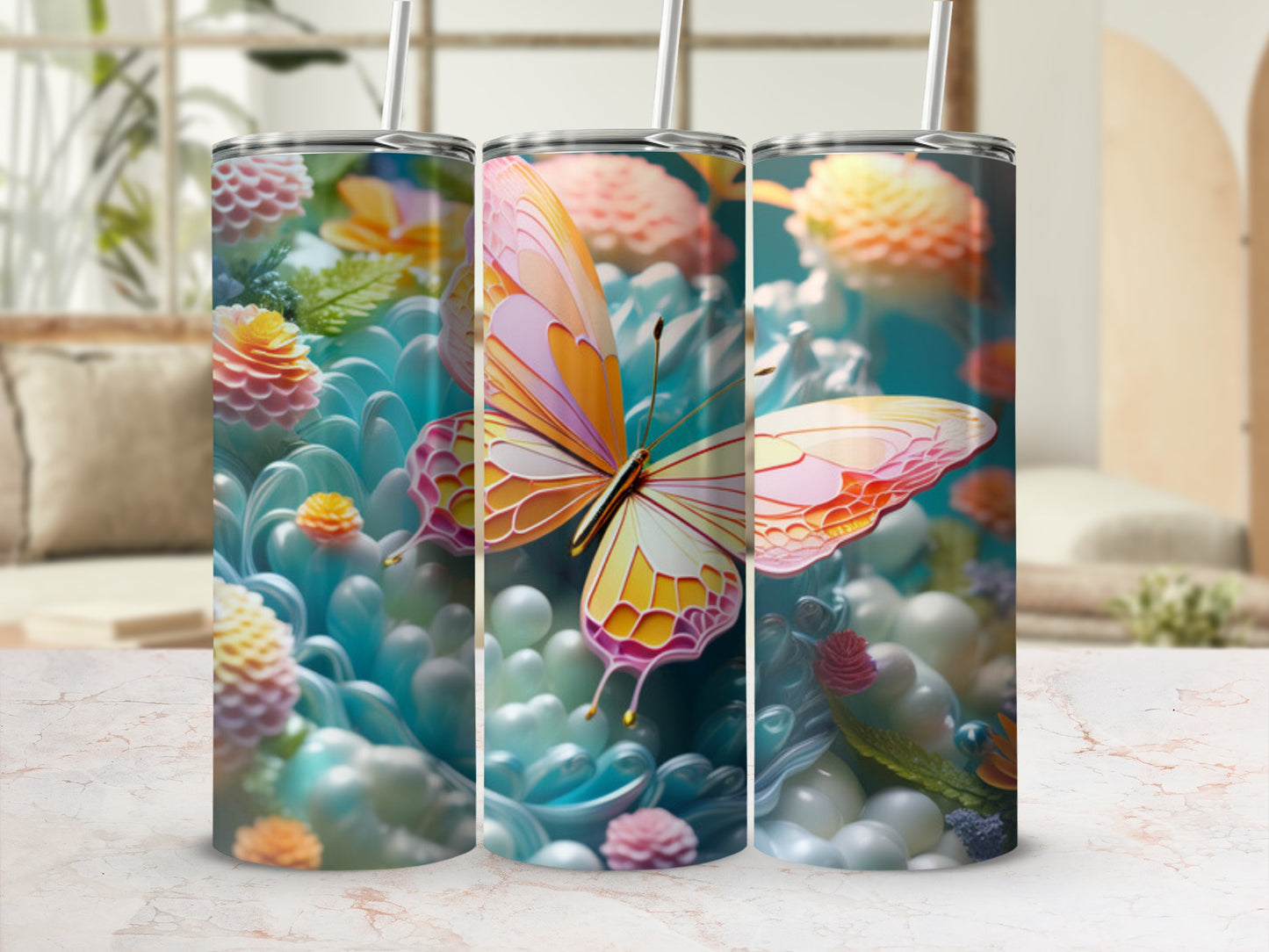 Butterfly and floral design on a set of three tumblers.