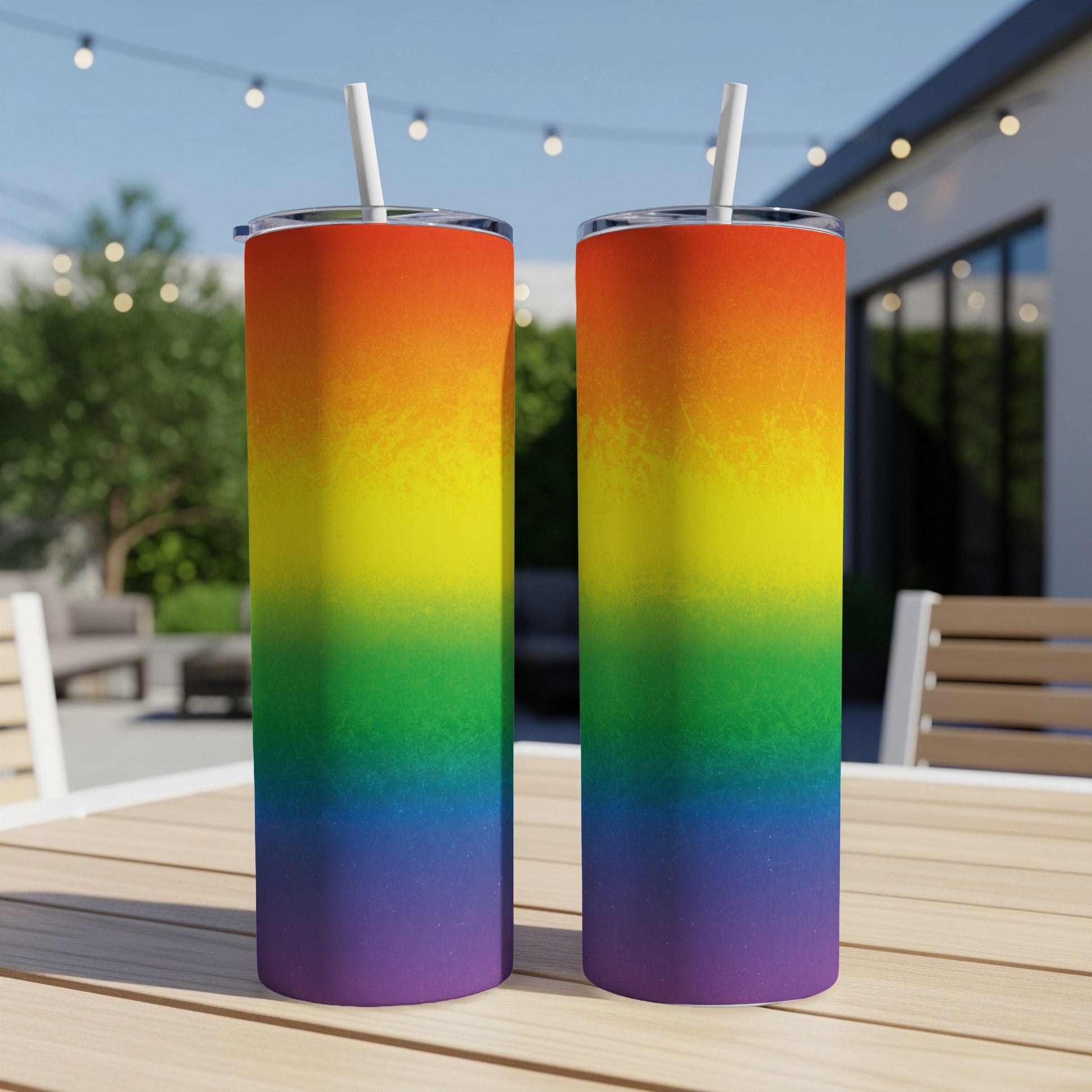 Two rainbow gradient tumblers with straws on a wooden table outdoors.