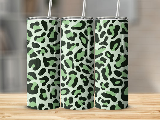 Three tumblers with a light green and black leopard print pattern.