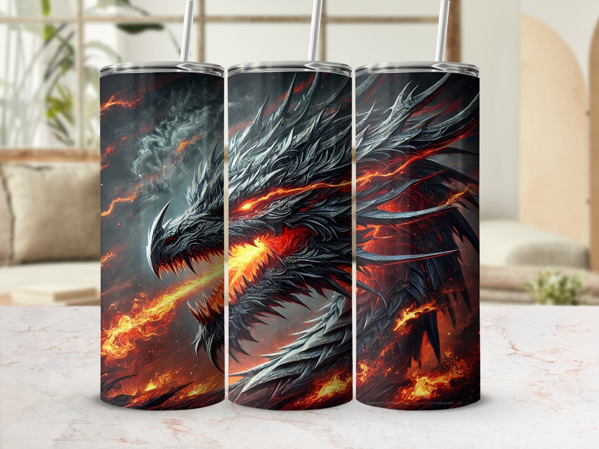 Fiery Dragon Design Insulated Tumbler with Lid Straw