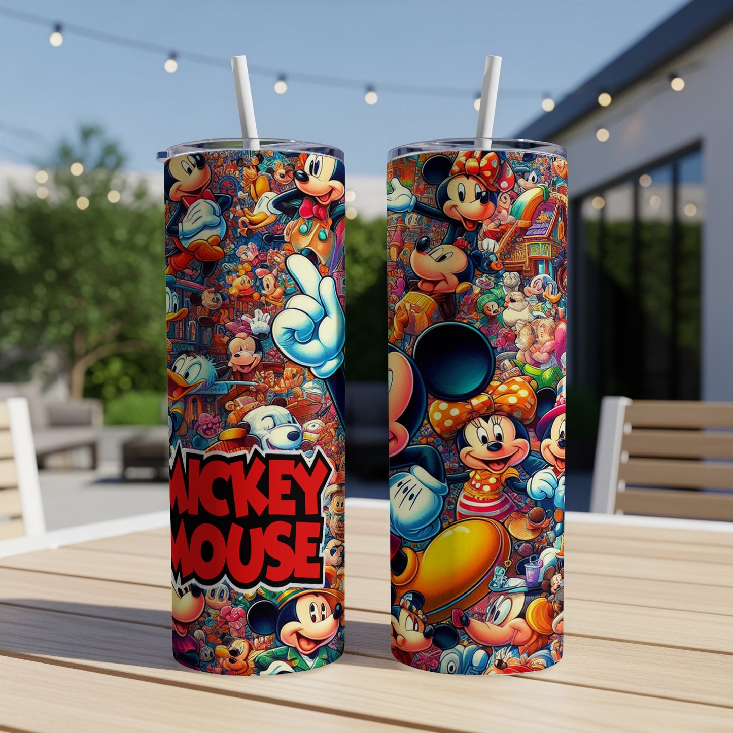 Two tumblers with a colorful collage of Disney characters, including Mickey Mouse.