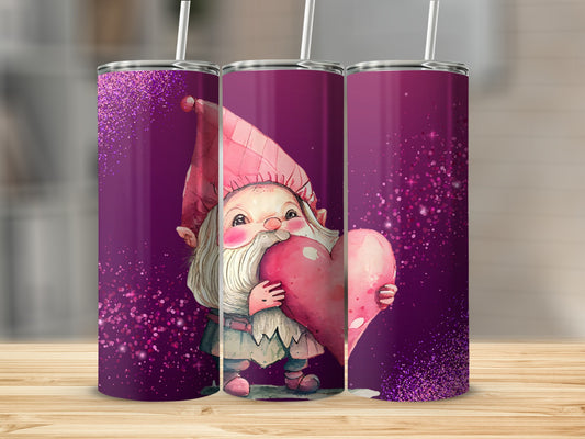 Cute Gnome with Heart Pink Glitter Tumbler
