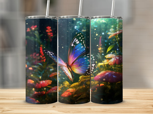 Vibrant Butterfly Mushrooms Glowing Forest Scene Sparkles tumbler
