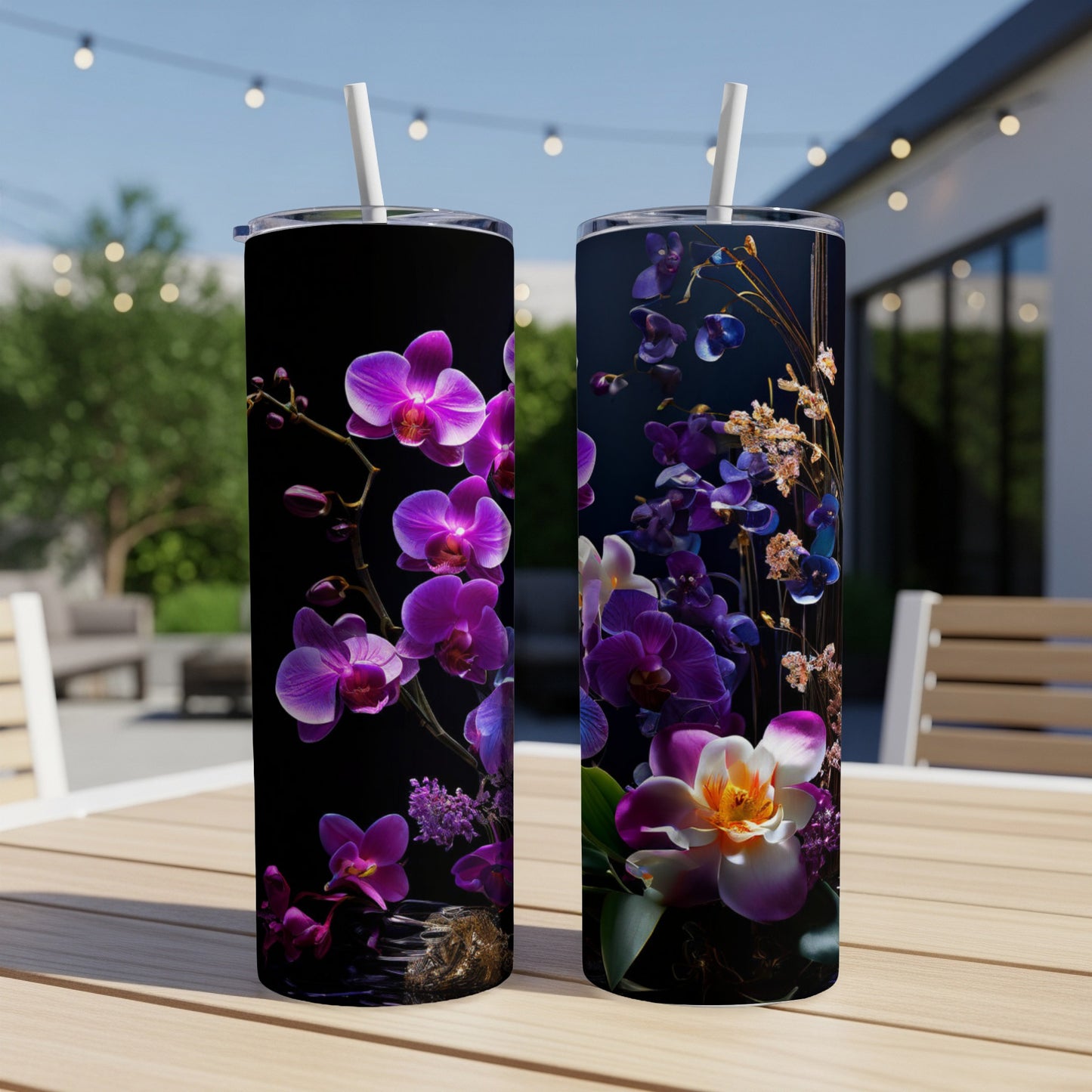 Two tall, dark tumblers featuring vibrant purple orchid floral designs.