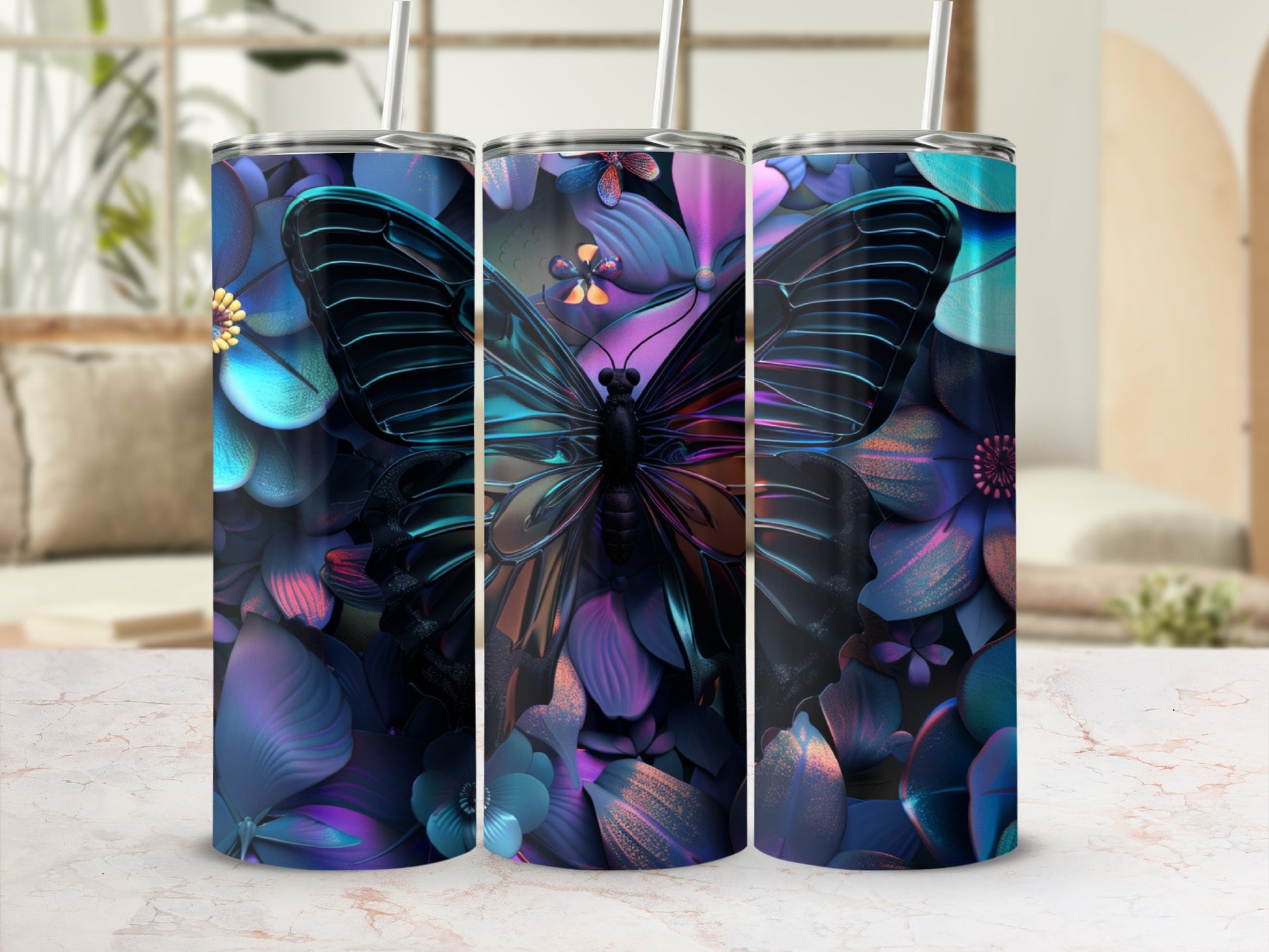 Tumbler with iridescent butterfly and floral design.