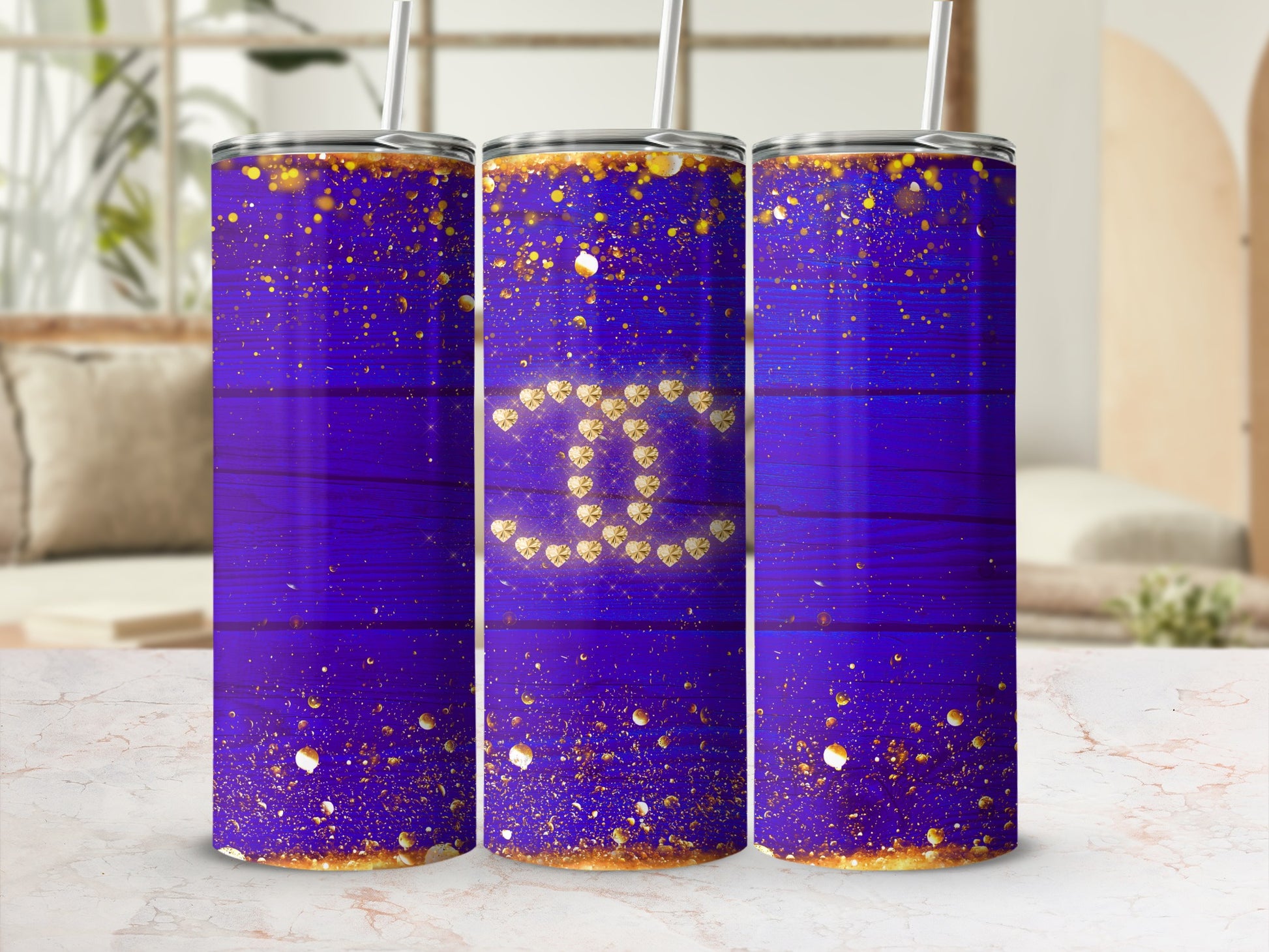 Elegant Purple Glitter Tumbler with Golden Dots Design