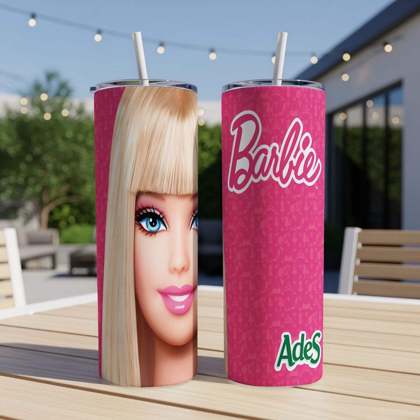 Barbie tumbler with pink background, Barbie logo, and white "AdeS" text.