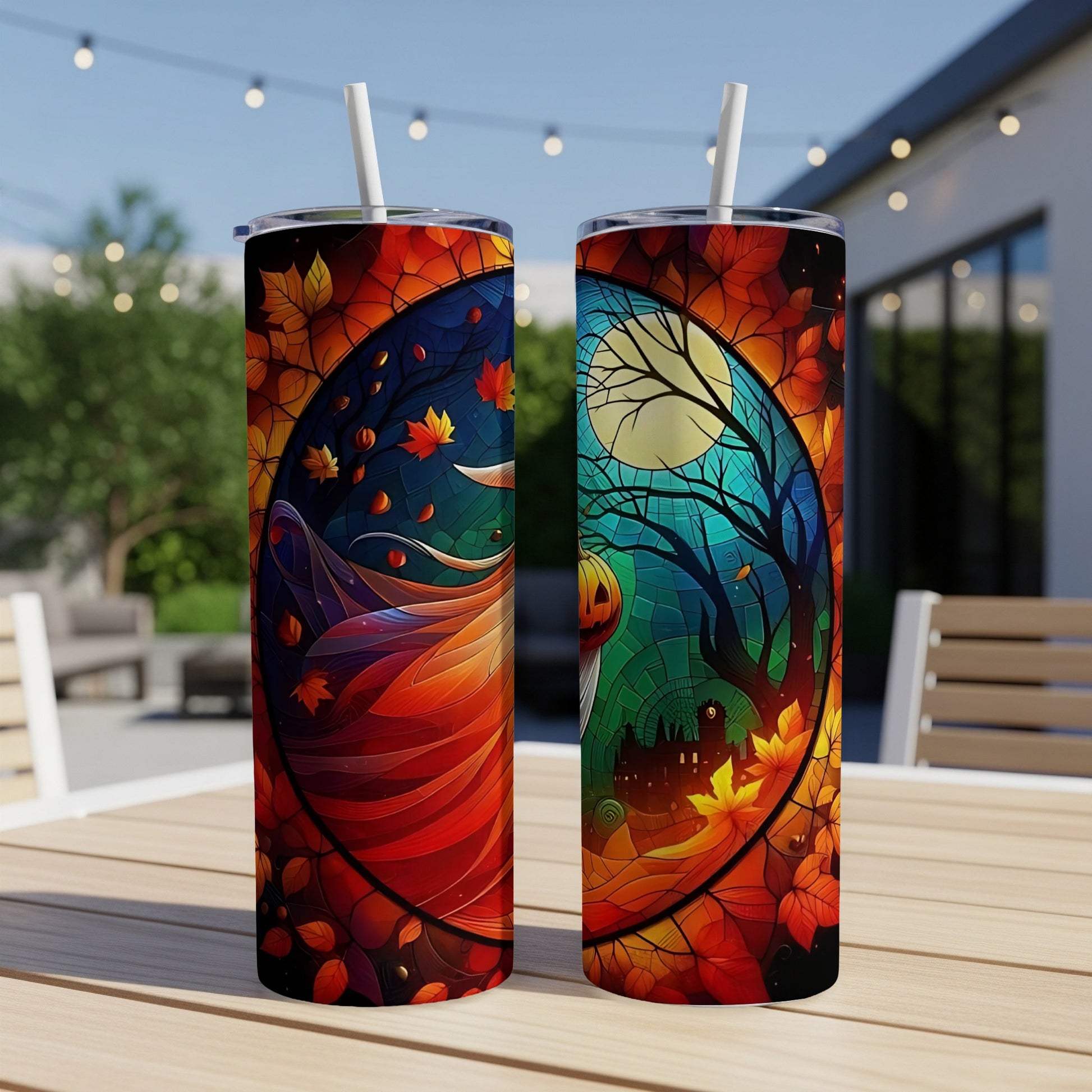 Two tumblers with Halloween and autumn stained glass designs.