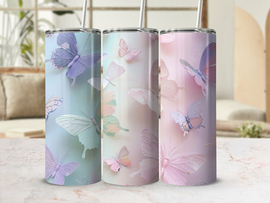 Three pastel tumblers with delicate butterfly designs.