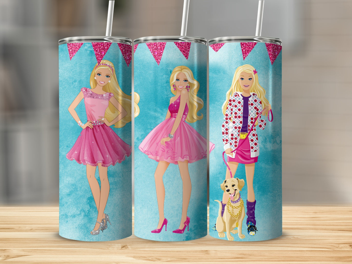 Three Blonde Fashion Dolls With A Dog On Turquoise Tumblers