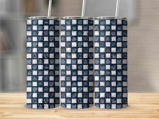 Three tall tumblers with a blue and white tiled mosaic pattern, each with a straw.