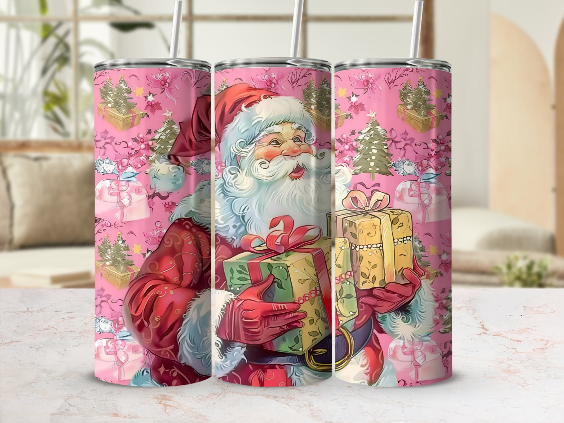 Santa Claus holding gift boxes with festive trees on a pink background.