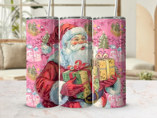 Santa Claus holding gift boxes with festive trees on a pink background.