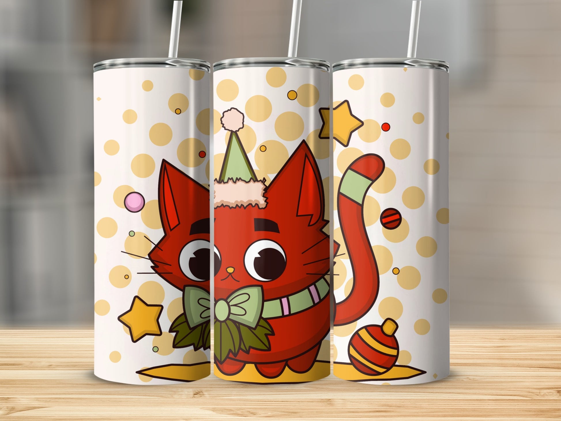 Cute Festive Cat Design Insulated Tumbler Cup