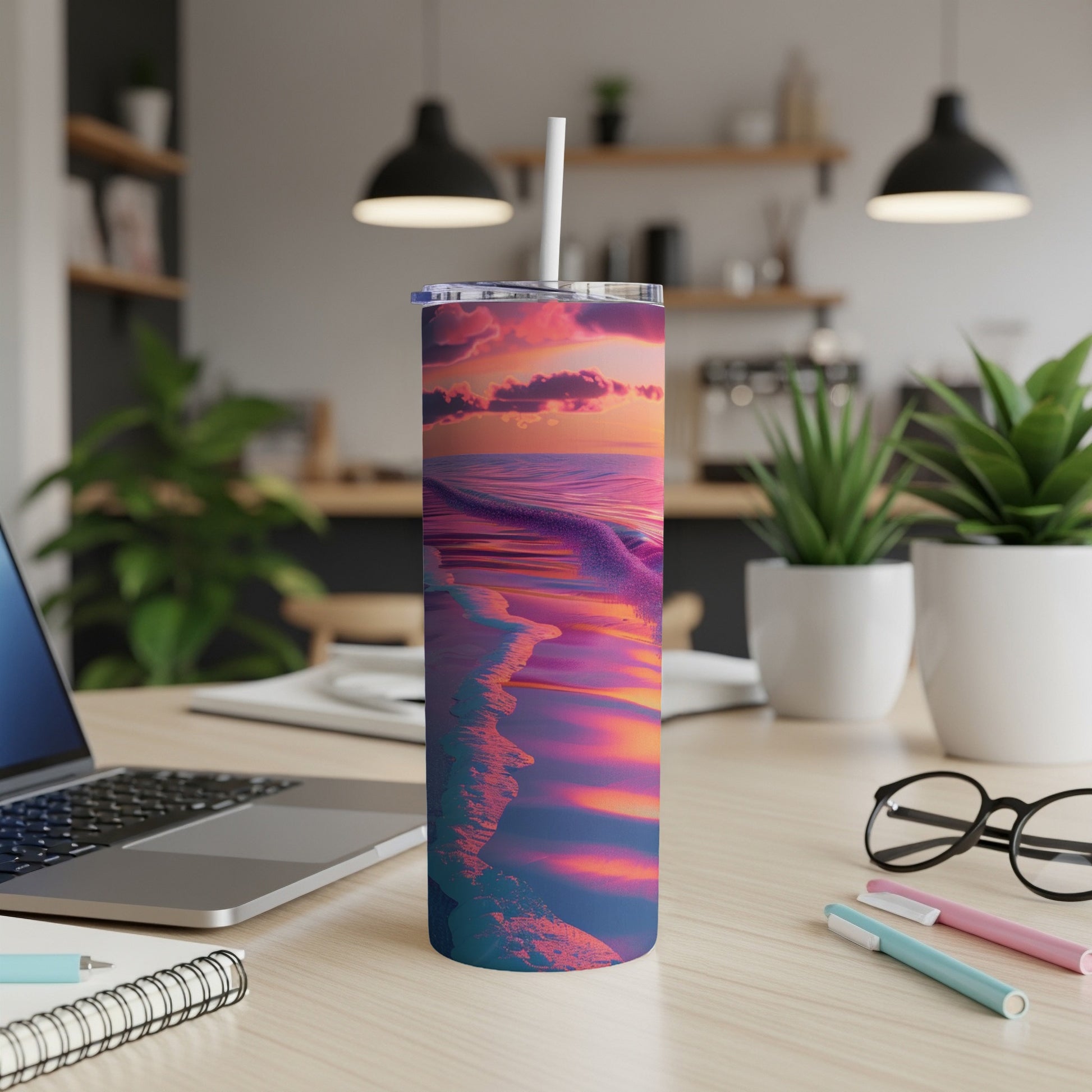 Tall tumbler with a colorful sunset ocean wave design.