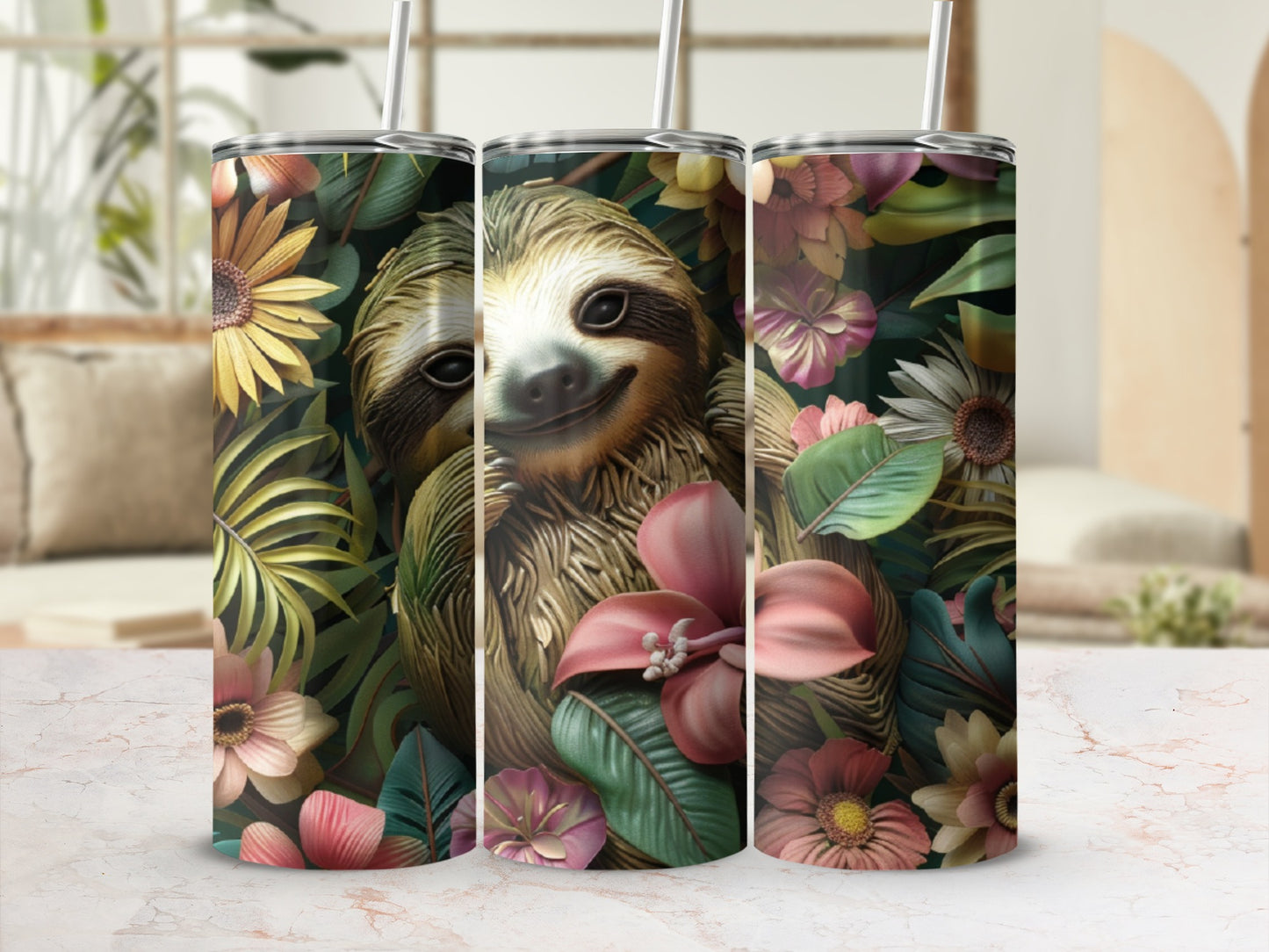 Smiling sloth nestled among vibrant tropical flowers and leaves.