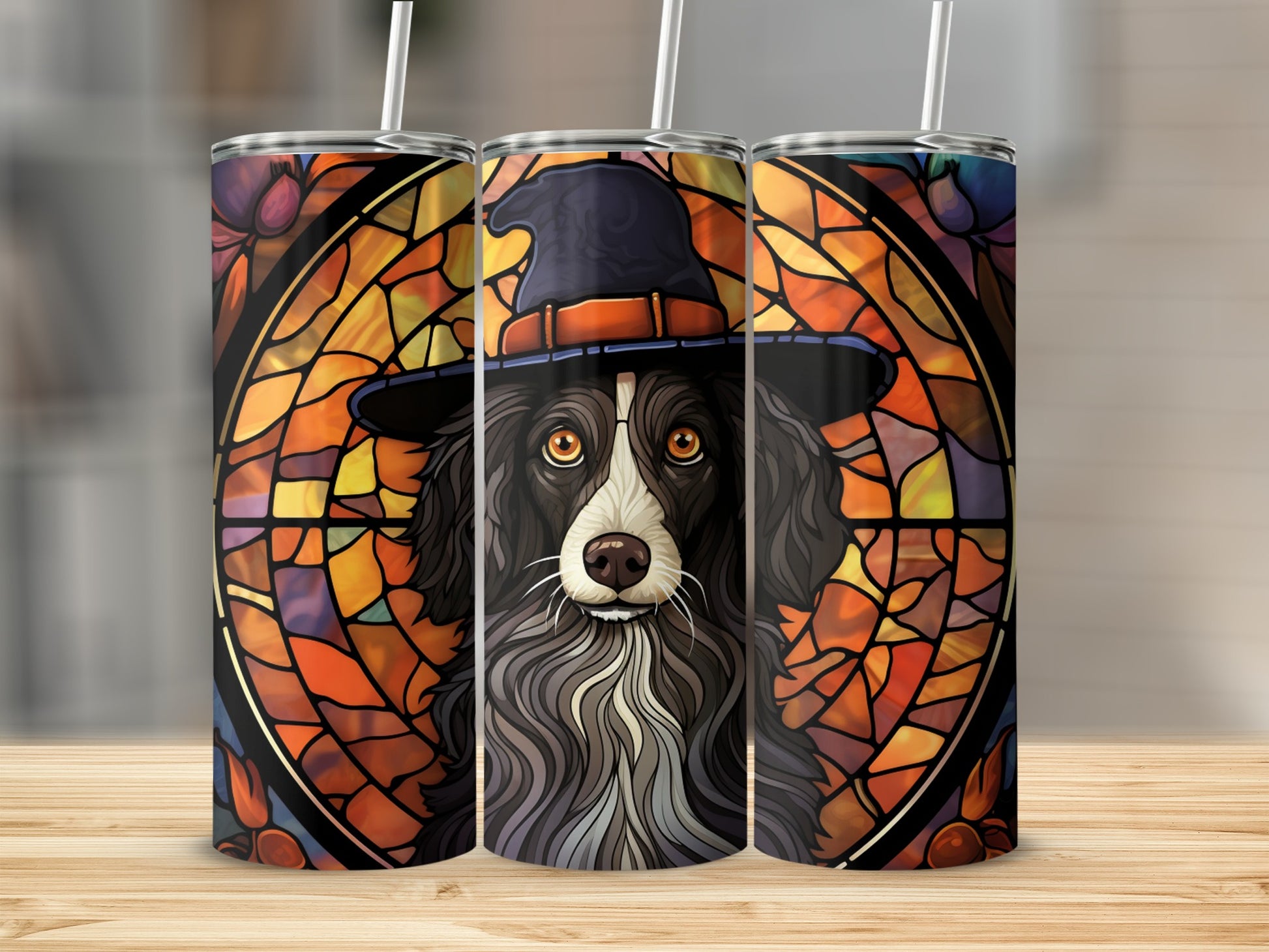 Border collie wearing a witch hat, set against a stained-glass background.