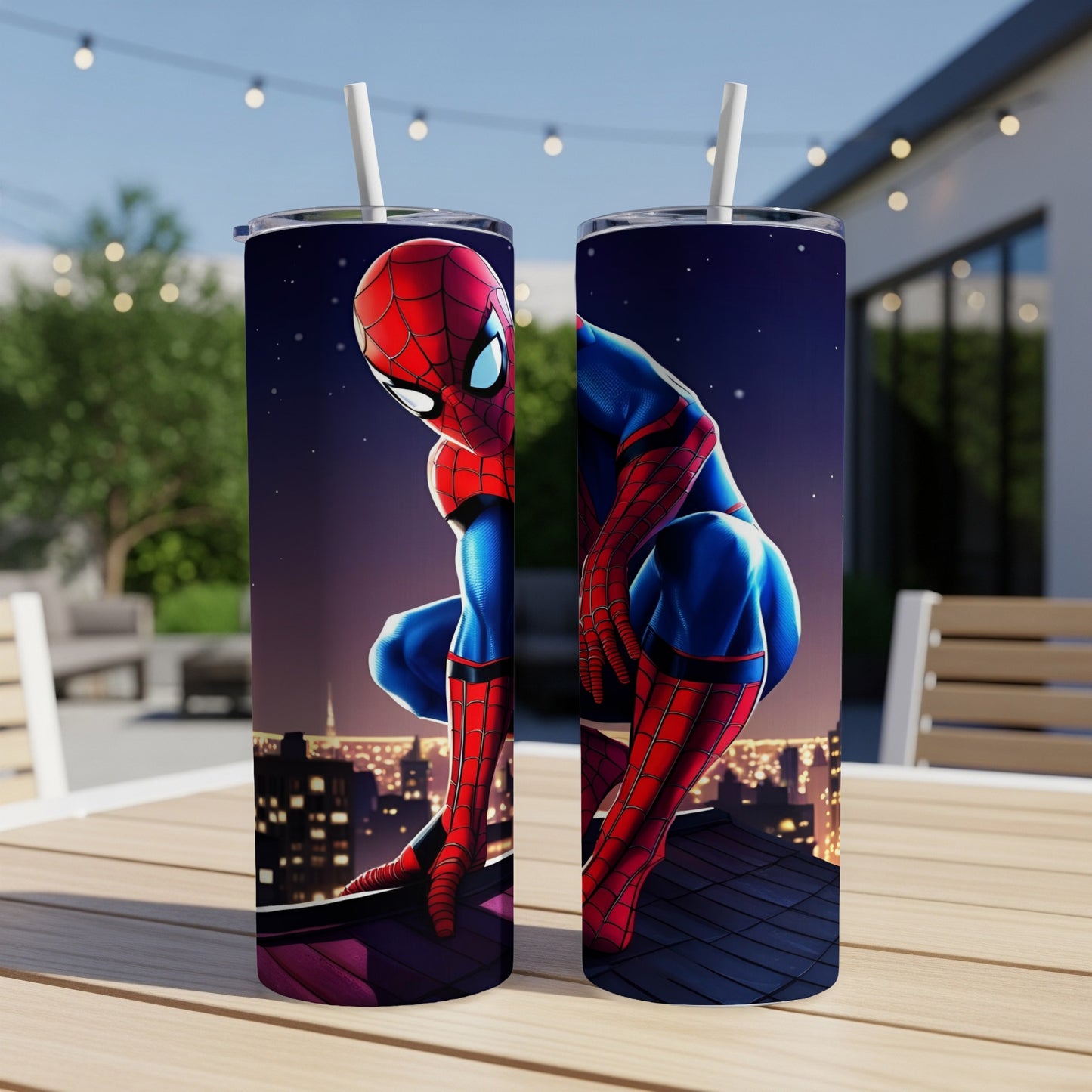 Spider-Man in crouched pose on rooftop with city skyline at night.
