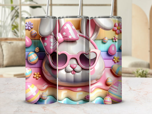 Easter bunny with sunglasses and colorful eggs on a rainbow background.