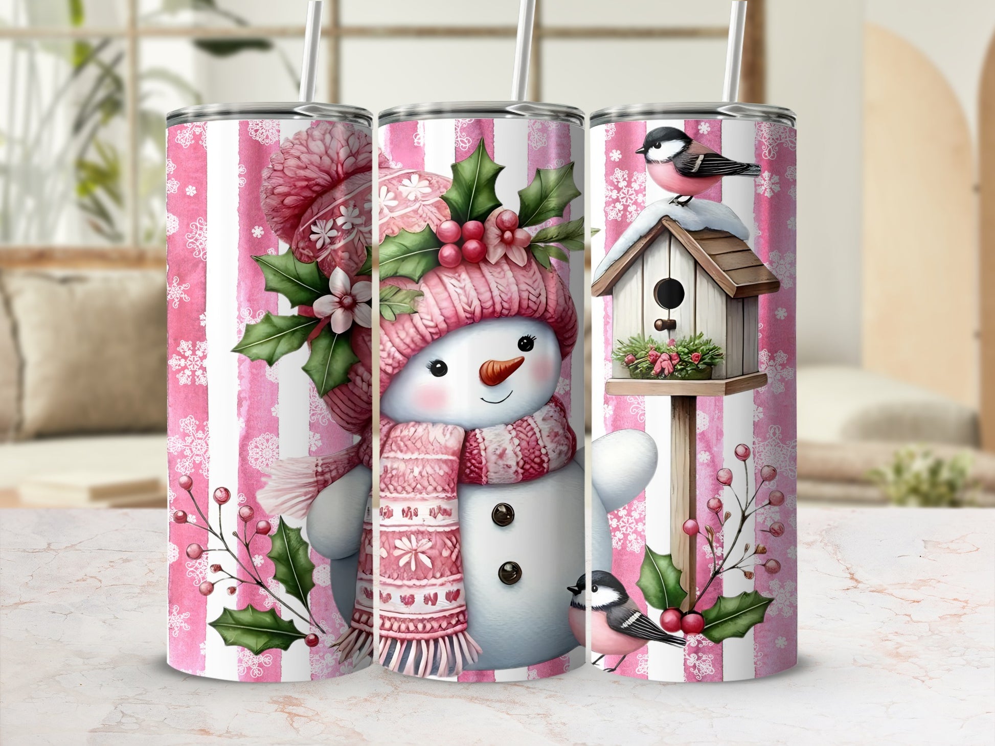 Pink Snowman and Birds Winter Tumbler Design