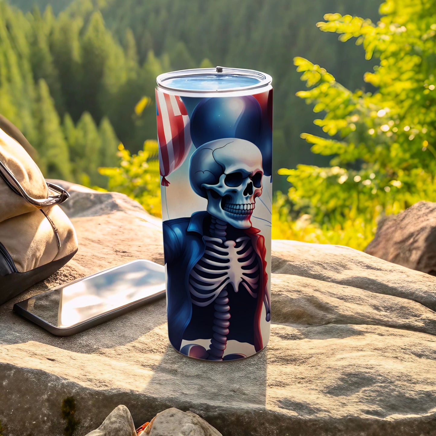 Skeleton in a suit with balloons on a travel tumbler.
