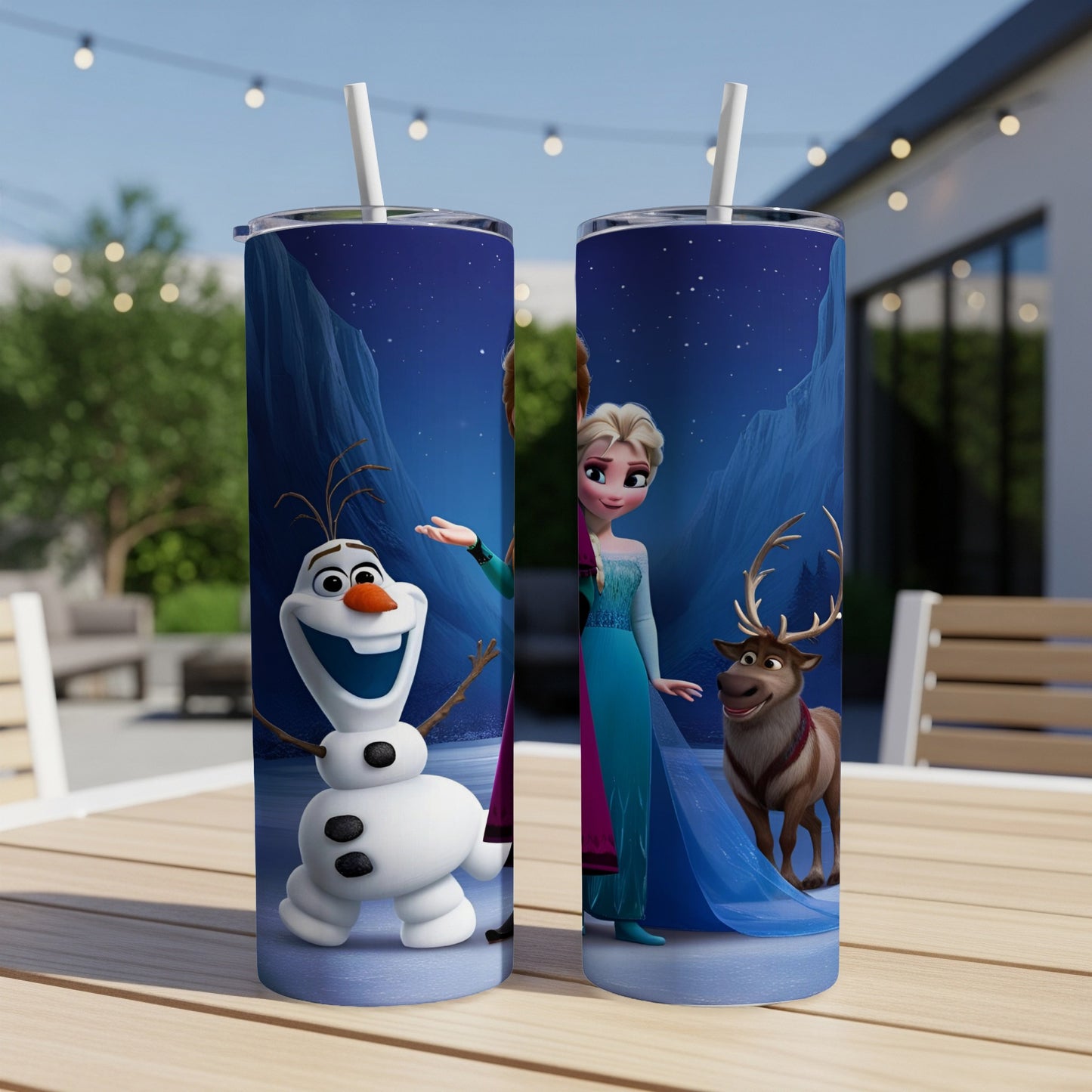Two tumblers featuring Elsa, Olaf, and Sven from Frozen on a nighttime backdrop.