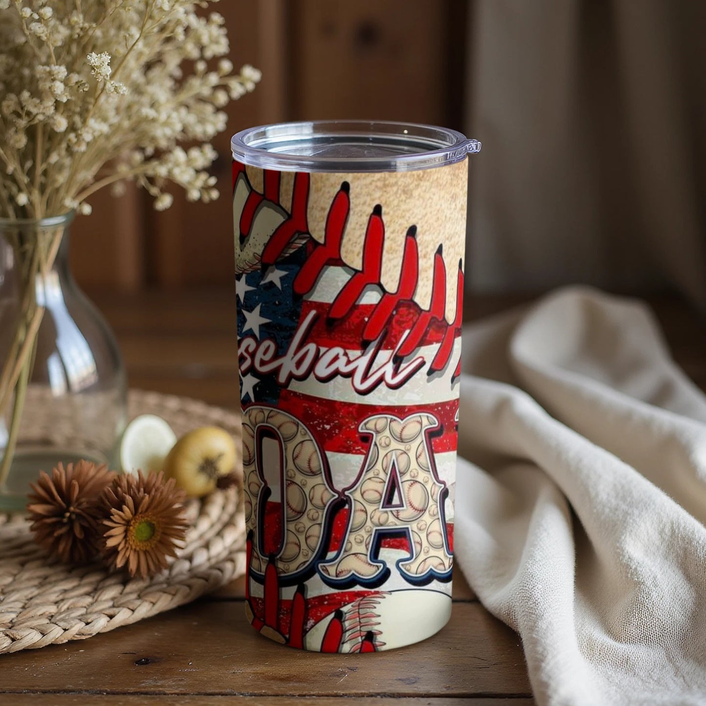 Patriotic Baseball Dad Tumbler Travel Mug Flask Cup
