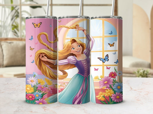 Rapunzel with butterflies and flowers on a tumbler.