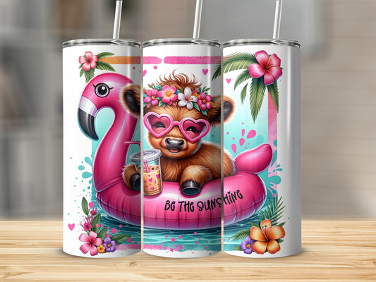 Cow with sunglasses on flamingo float, "Be the Sunshine" text.