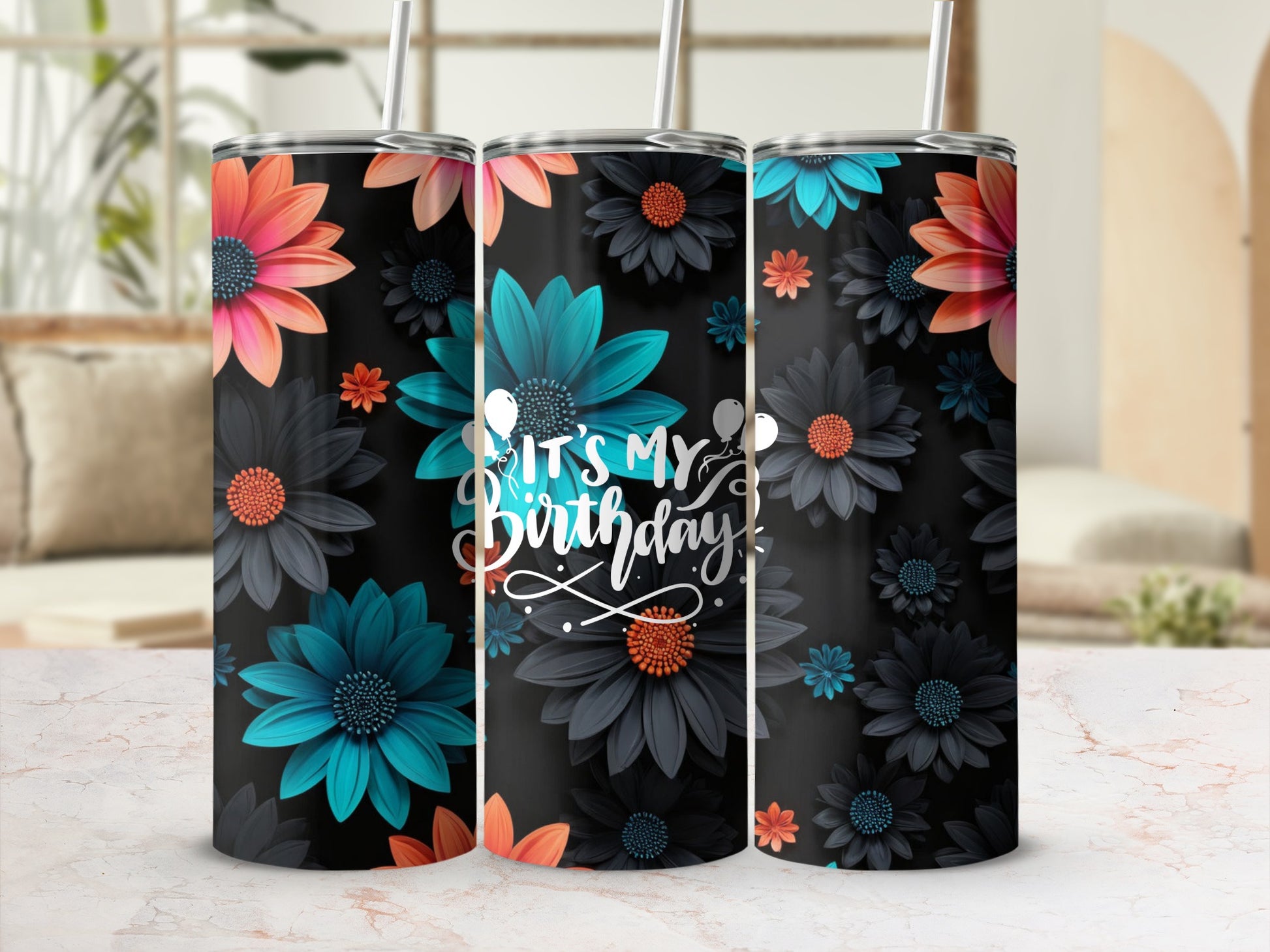 Tumbler with floral pattern and "IT'S MY Birthday!" text.