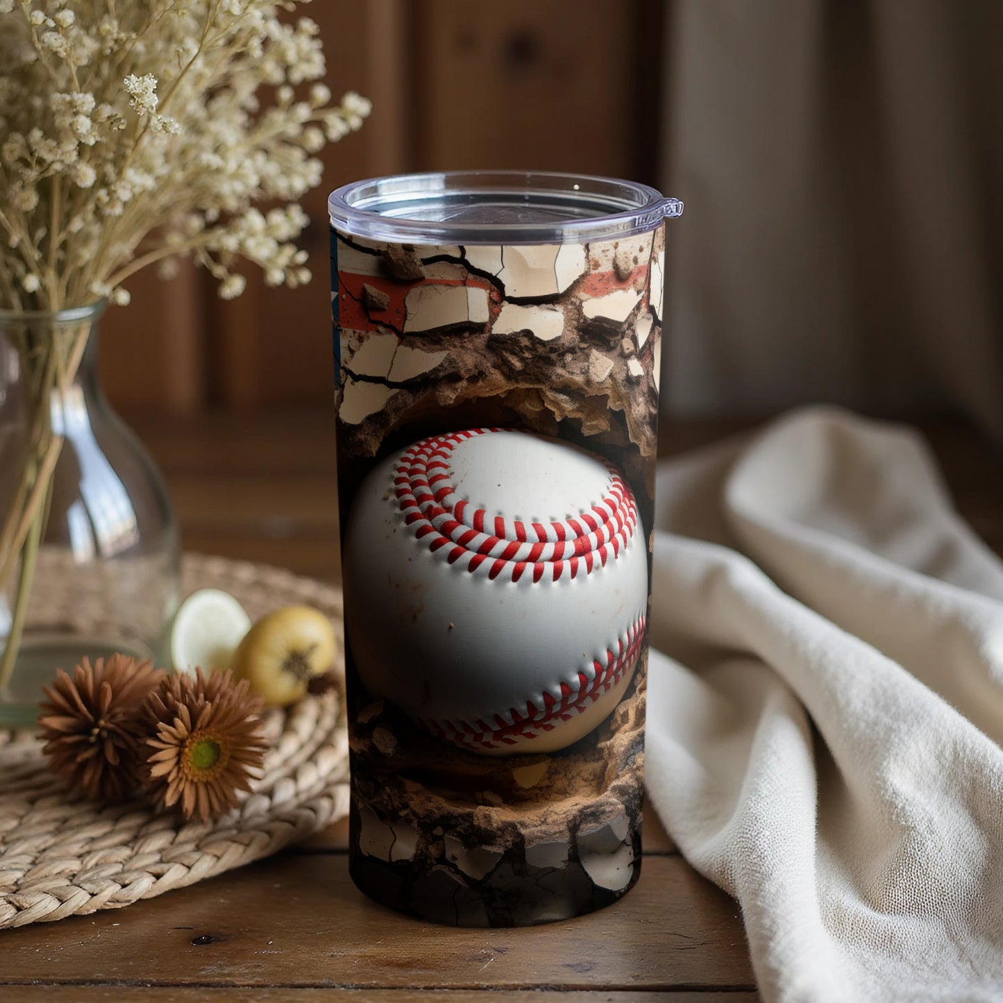 Baseball Theme Tumbler with Cracked Wall Design