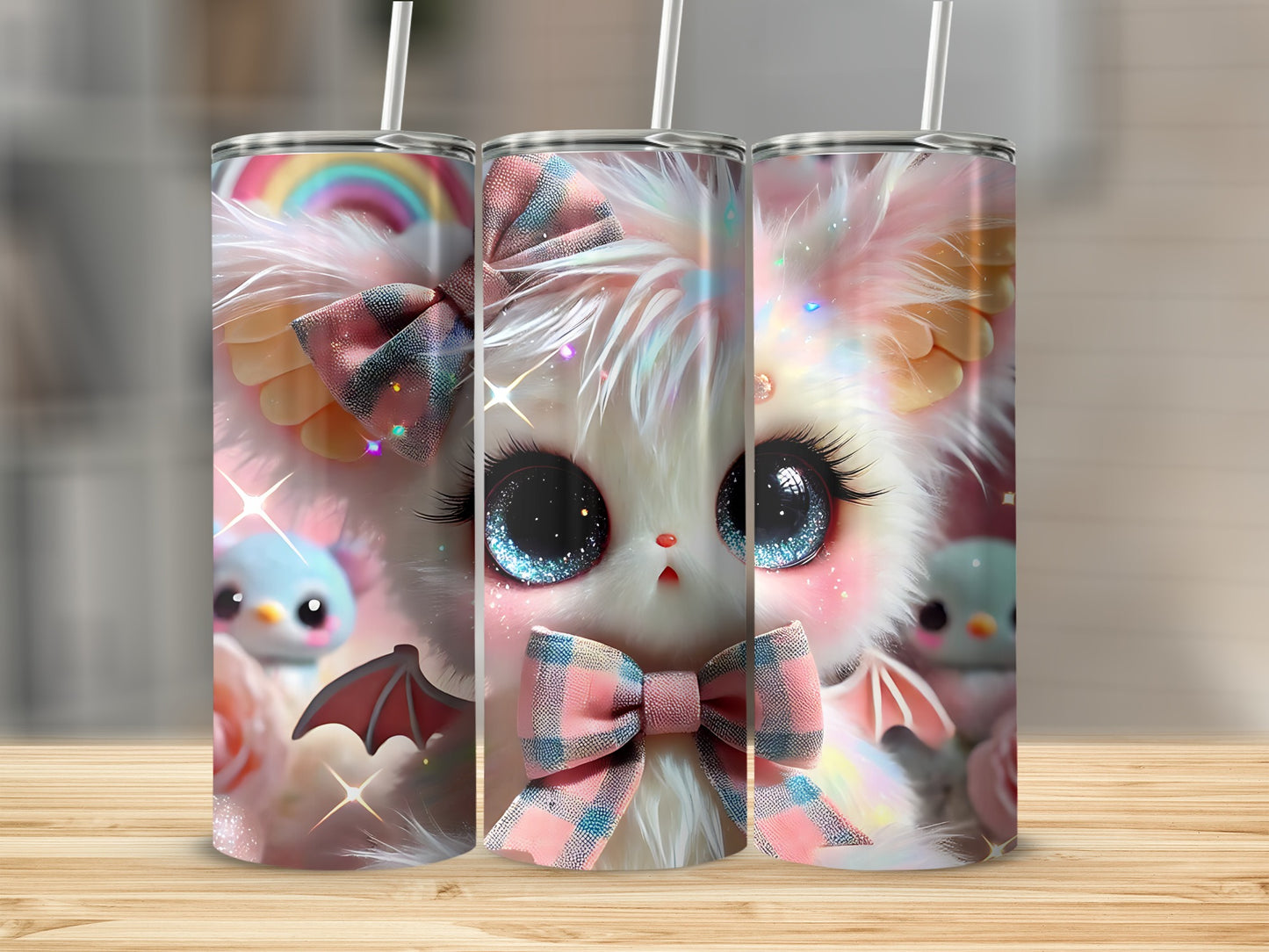 Cute cartoon cat with bat wings and rainbow, on a tumbler.