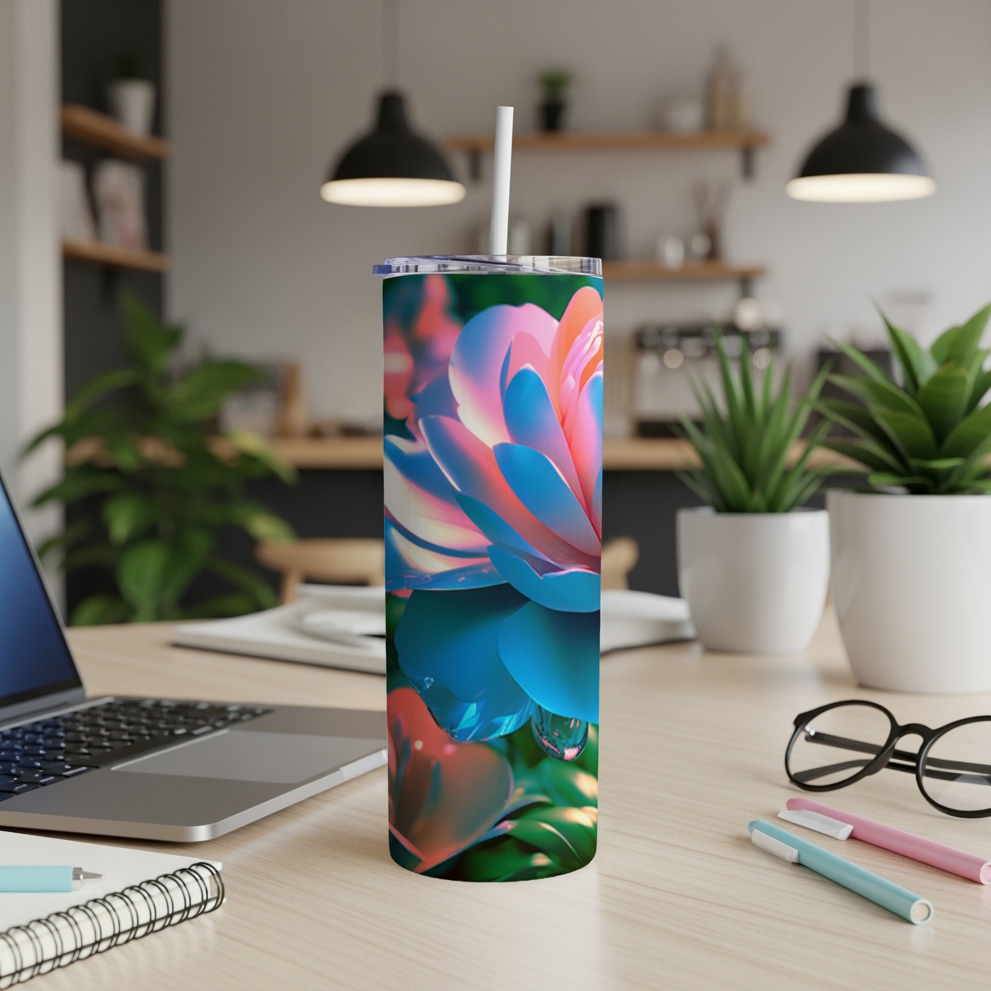 Tumbler with vibrant pink and blue floral design on a desk.