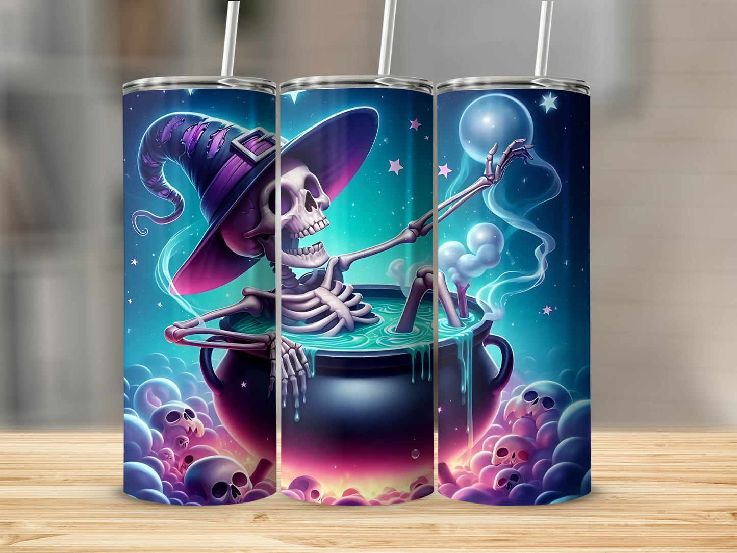 Skeleton in witch hat relaxes in cauldron surrounded by skulls and glowing bubbles.