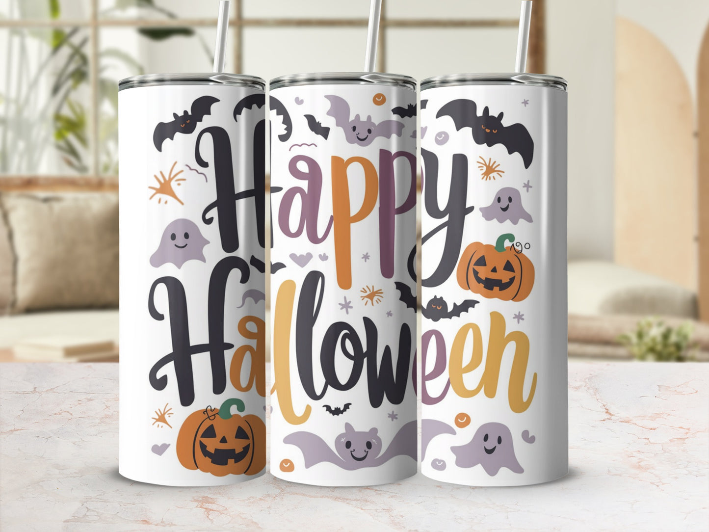 Three tumblers with "Happy Halloween" text and Halloween-themed graphics.