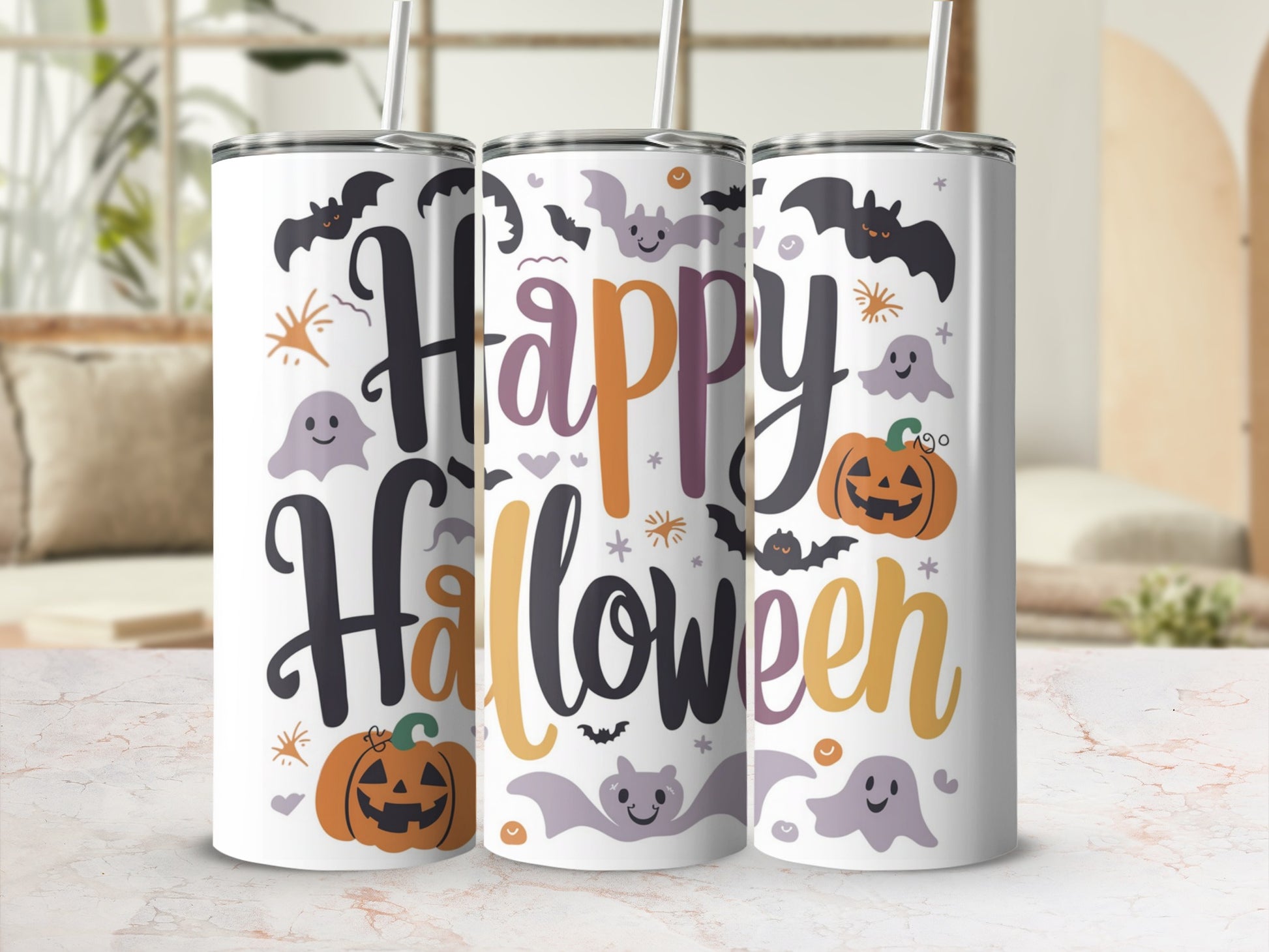 Three tumblers with "Happy Halloween" text and Halloween-themed graphics.