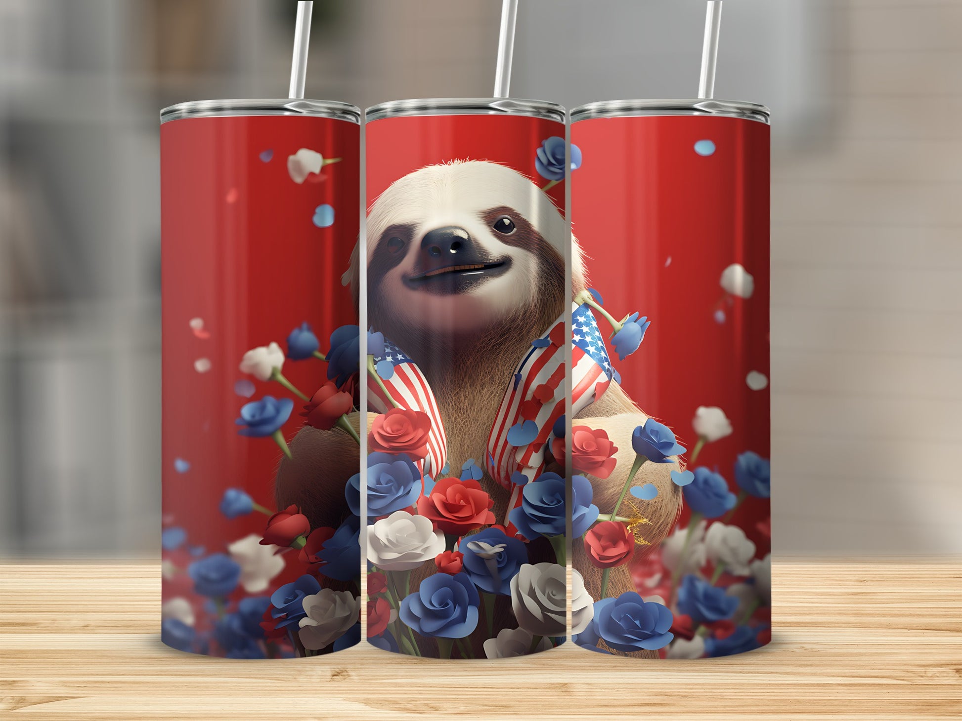Sloth in American flag shawl surrounded by red, white, and blue flowers.