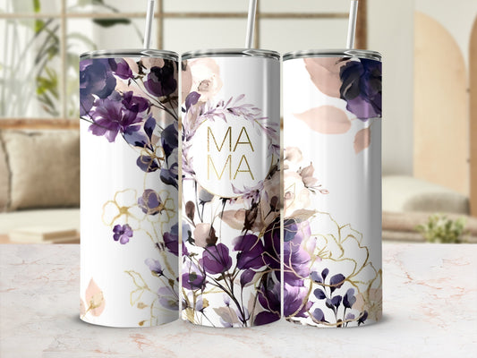 White tumbler with purple and gold floral design and "MAMA" text.
