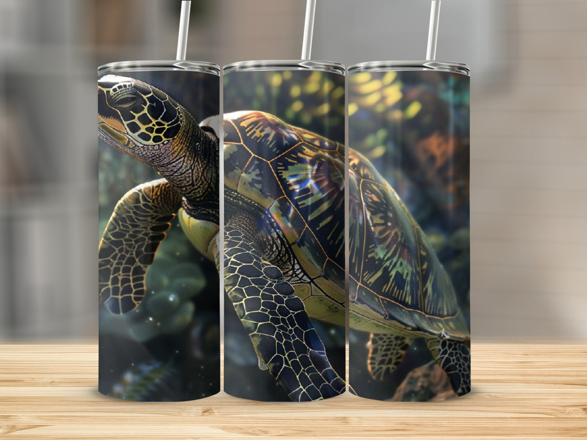 Green sea turtle on a wooden surface, presented in three tumblers.