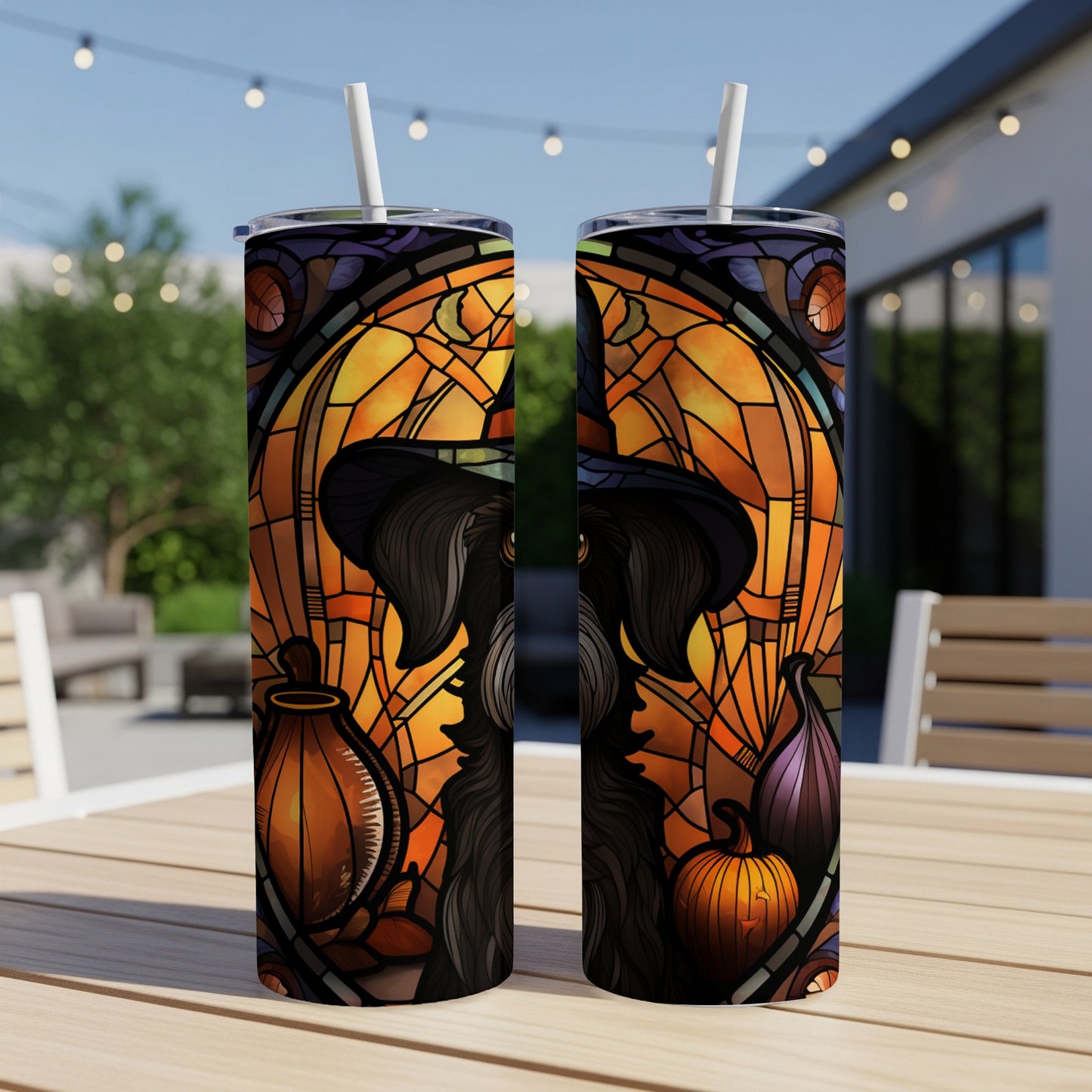 Two tumblers with black dog in witch hat and stained glass Halloween design.