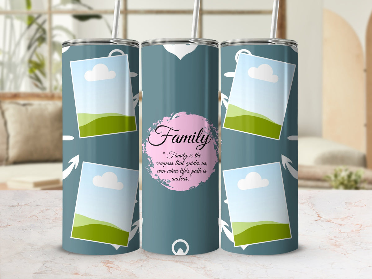 Tumbler with "Family" quote and photo frame design.