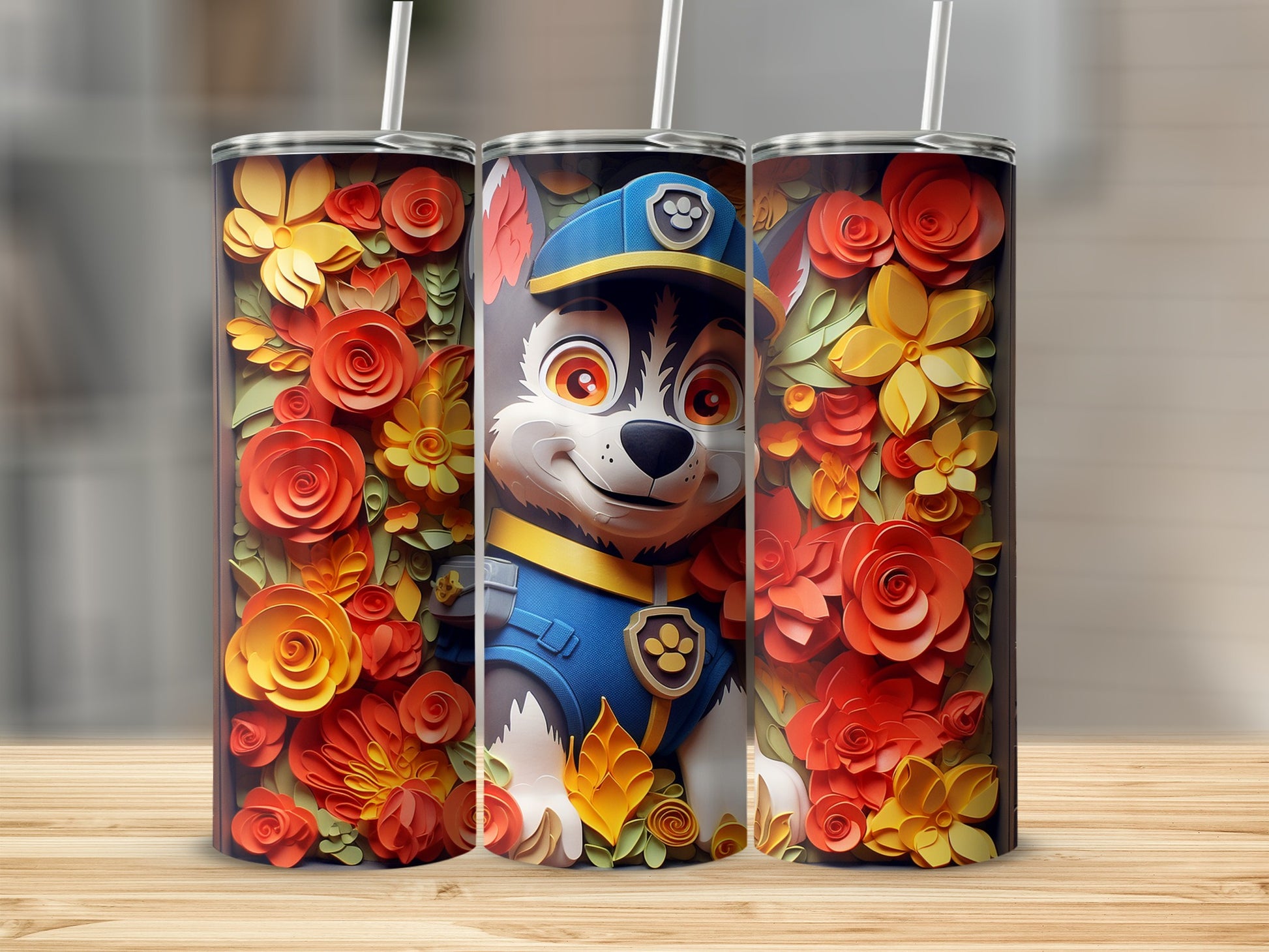Cute Cartoon Dog with Colorful Flowers Tumbler Cup