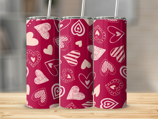 Pink Heart Patterned Tumbler With Lid and Straw