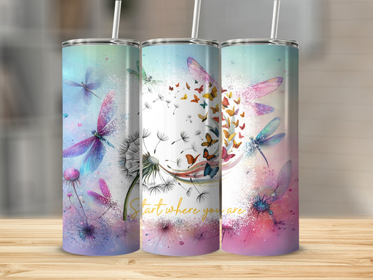 Three tumblers with dandelion and butterfly designs, one with text.