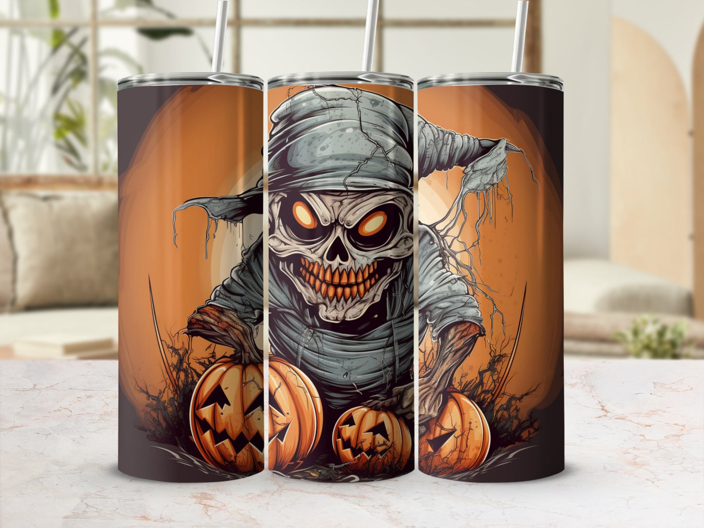 Halloween tumbler with spooky skeleton and pumpkins design