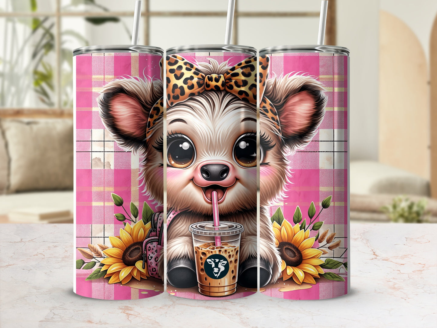 Cute cow with coffee and sunflowers on a pink plaid background.