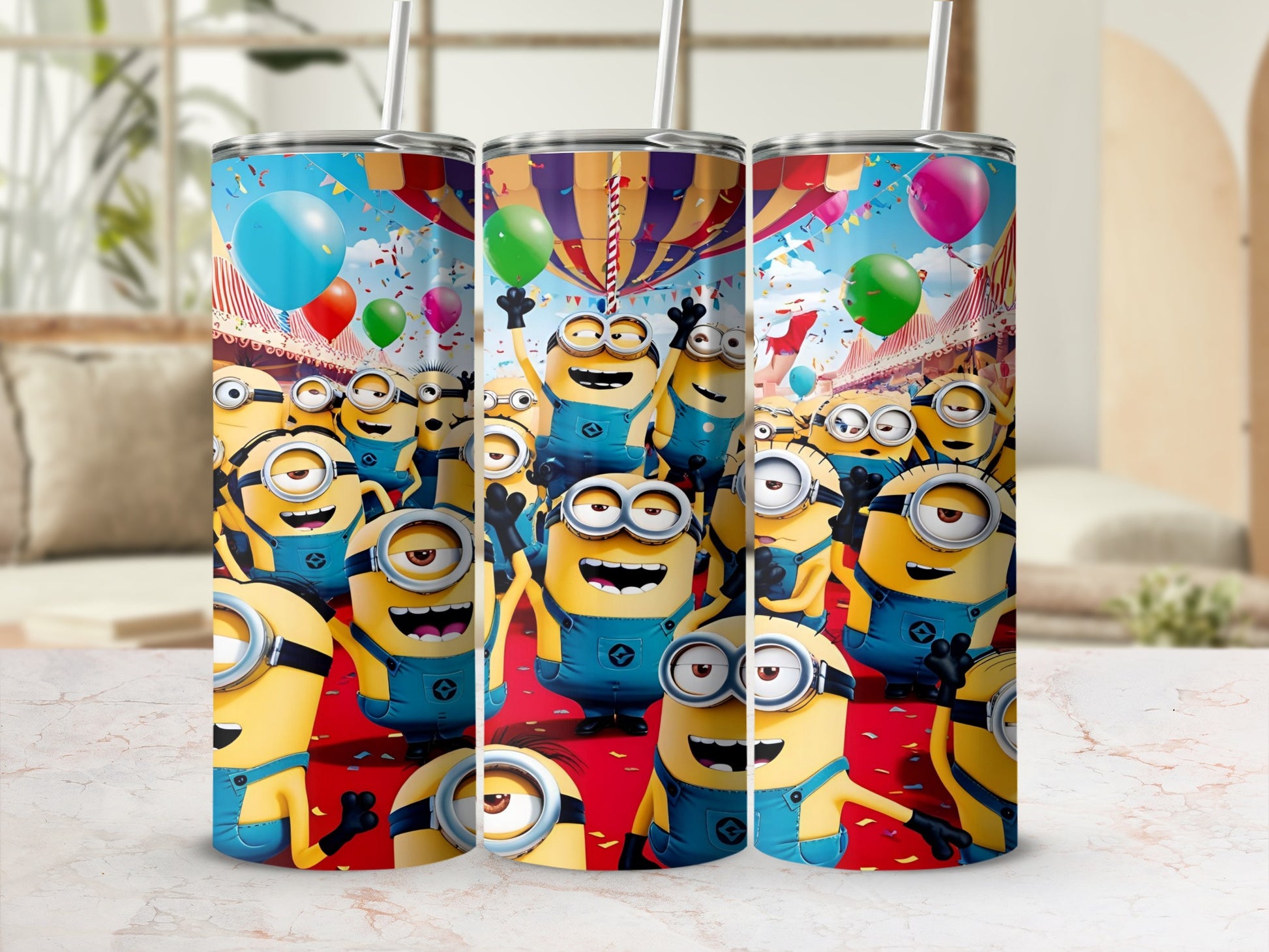 Minions celebrating at a carnival with balloons and confetti.