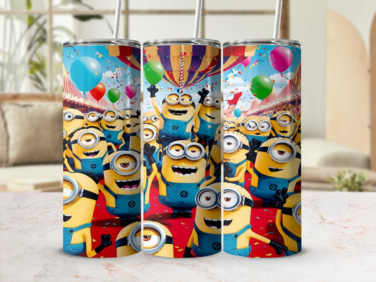 Minions celebrating at a carnival with balloons and confetti.