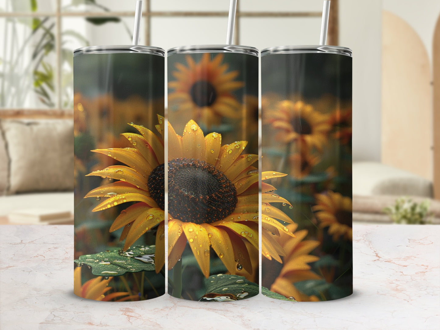 Three tumblers featuring a close-up of a dew-kissed sunflower with a soft-focus background.